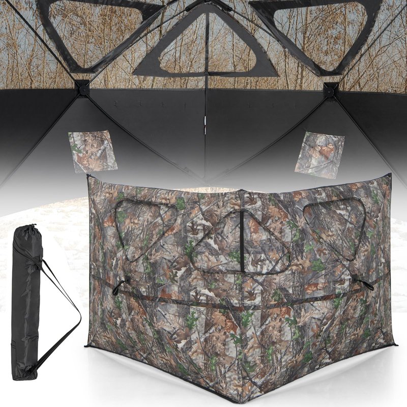 GYMAX Hunting Blind, 2-Panel See Through Pop Up 2-3 Persons Camouflage Deer Blind with Windows & Carrying Bag, Portable Folding Outdoor Ground Blind for Deer Turkey Hunting Gear Accessories