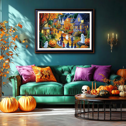 Halloween 1000 Piece Puzzle for Adults Jigsaw Puzzle Spooky Trick-or-Treat Scene with Pumpkins Ghosts & Haunted Houses Autumn Challenging Fun Family Game Night Puzzle with Poster（27"x20"）