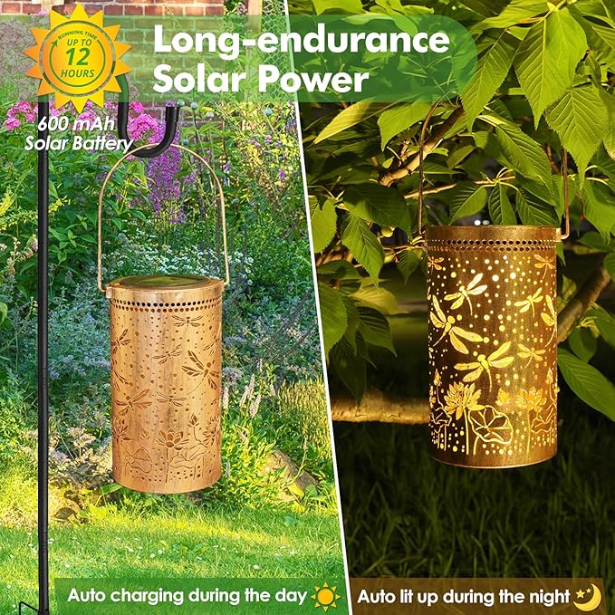 Fabuday Dragonfly Lotus Outdoor Solar Lantern Waterproof 2 Pack - Hanging Solar Power Lights Led for Outside, Garden Decor for Patio, Porch, Balcony, Yard and Deck, Gardening Decoration Gift for Women