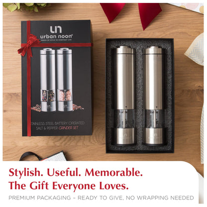 Electric Salt and Pepper Grinder Set - Battery Operated Stainless Steel Mill with Light (2 Mills) - Automatic One Handed Operation - Electronic Adjustable Shakers - Ceramic Grinders