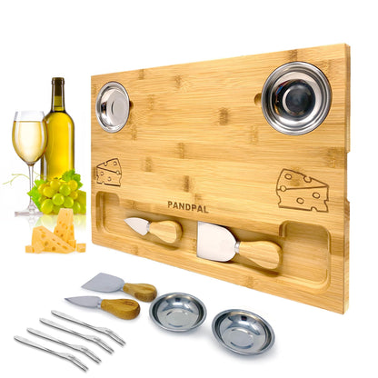Bamboo Cheese Board with Knives & Bowls - Extra Large Wooden Cutting Board Platter for Wine & Charcuterie