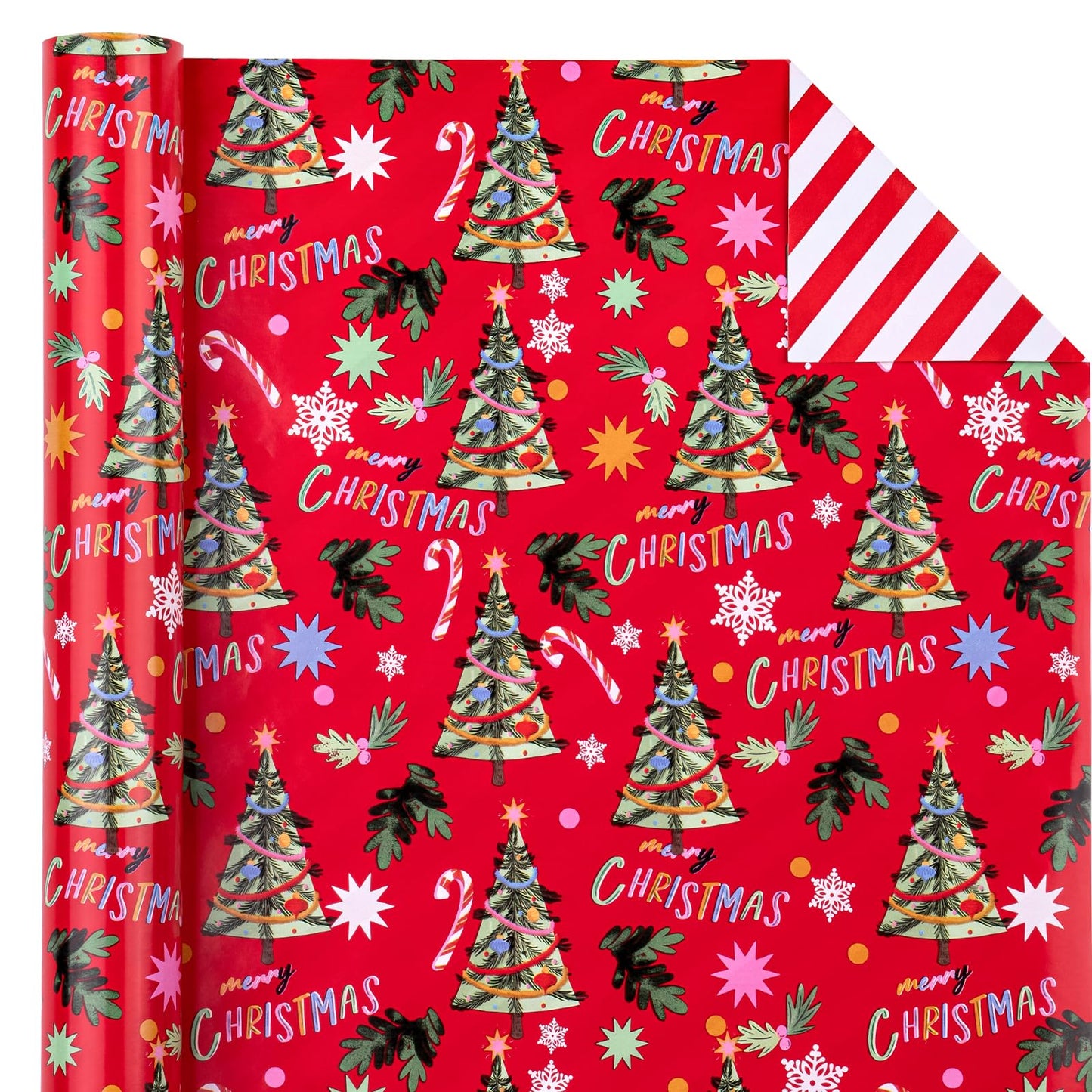 WRAPAHOLIC Reversible Christmas Wrapping Paper - Mini Roll - 17 Inch x 33 Feet - Red Christmas Tree Wrapping Paper and Stripe Design for Holiday, Party Celebration