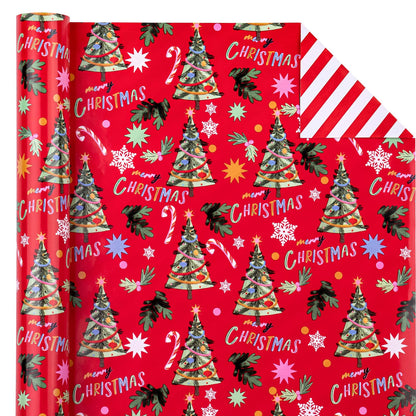 WRAPAHOLIC Reversible Christmas Wrapping Paper - Mini Roll - 17 Inch x 33 Feet - Red Christmas Tree Wrapping Paper and Stripe Design for Holiday, Party Celebration