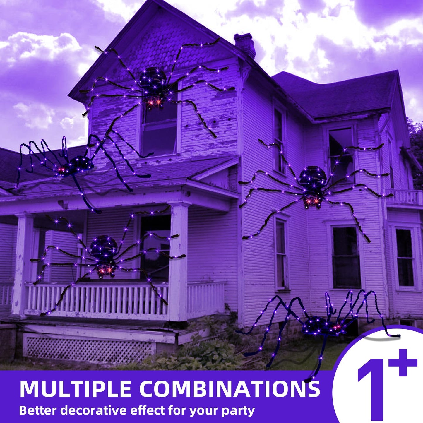 EAMBRITE Halloween Decorations Outdoor 5FT Bendable Scary Giant Spider with 83LT Purple Lights Black Fake Spider for Halloween Indoor Outdoor Yard Home Parties Creepy Décor