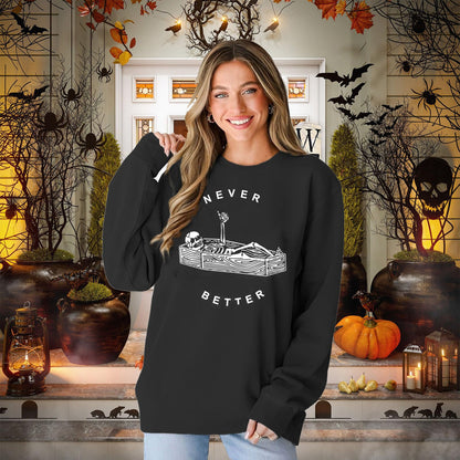 BOUTIKOME Never Better Skeleton Sweatshirt Women's Halloween Shirt Horror Skull Fall Long Sleeve Sarcastic Pullover Tops(Black,M)