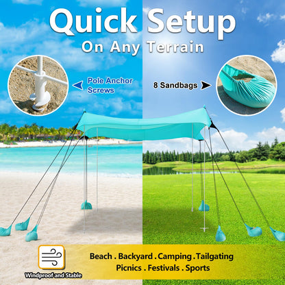 Beach Tent, Camping Tent UPF50+ with 8 Sandbags, Beach Essentials for 6-12 Persons, Beach Shade Canopy with Stability Poles and Big Ground Pegs, Pop Up Canopy for Camping, Picnics, 10X10FT Turquoise