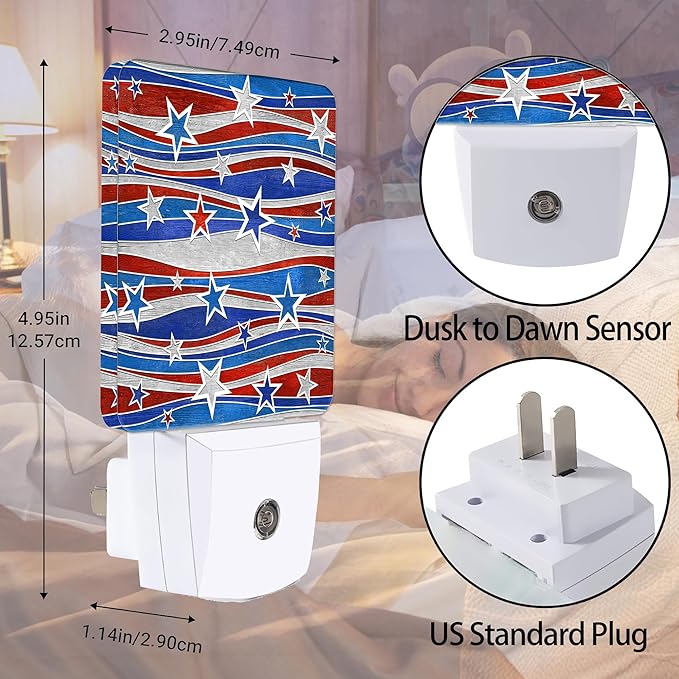 Christmas USA Flag Night Light Plug in Wall Lamp Smart Dusk to Dawn Sensor for Home Decorative, Kids Room Bedroom Bathroom Kitchen Hallway Gifts