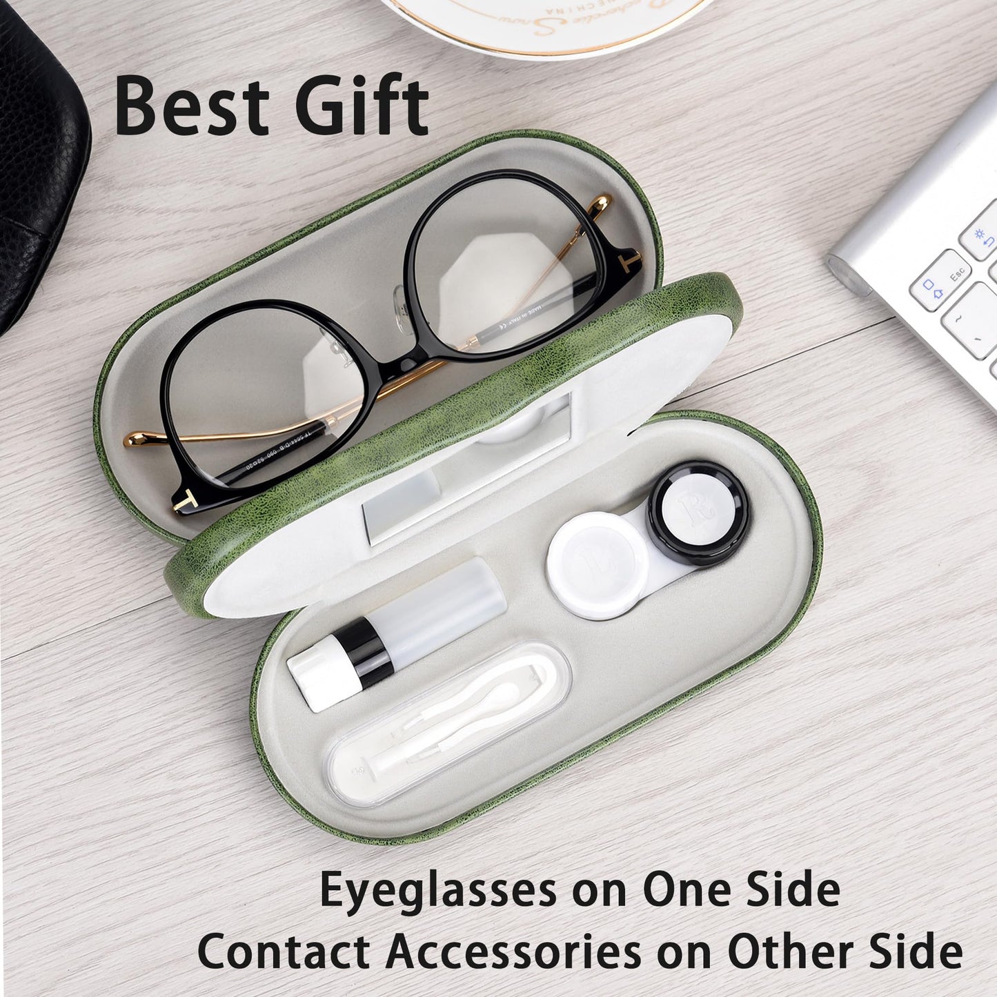 Muf 2 in 1 Contact Lens Case and Glasses Case,Double Sided Dual Use Design,Leak Proof & Portable,Tweezer and Contact Lens Solution Bottle Included for Travel Kit,Green