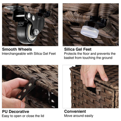 Greenstell Laundry Hamper with Wheels, No Install Needed, 110L Divided Handwoven Hampers & 2 Removable Liner Bags, Rattan Clothes Laundry Basket with Lid & Handles, Foldable Hampers Brown 22x13x26.4In