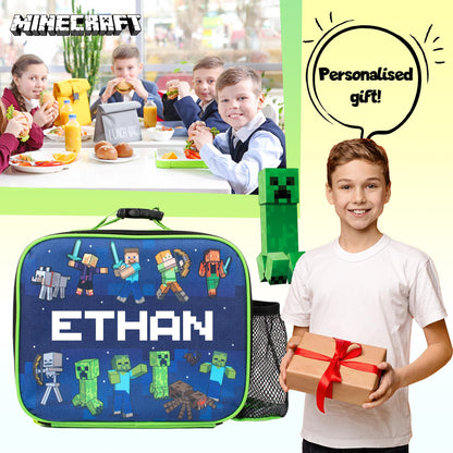 Minecraft - Personalised Kids Lunch Bag - Insulated Kids Snack Bag for Boys and Girls - Name Customisation - Dark Blue