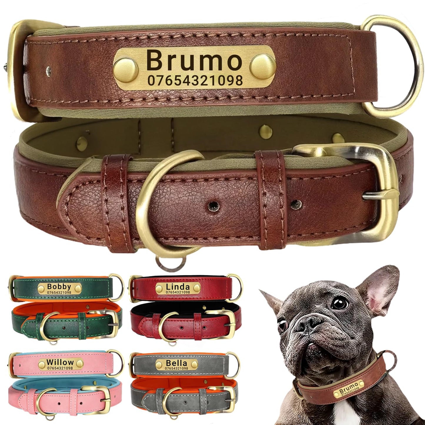 SEOUGEE Genuine Leather Dog Collar Personalised, Soft Padded Leather Dog Collars Heavy Duty with Custom Engraved Name Plate Adjustable for Small Medium Large Dogs (M, Brown 28-37cm)