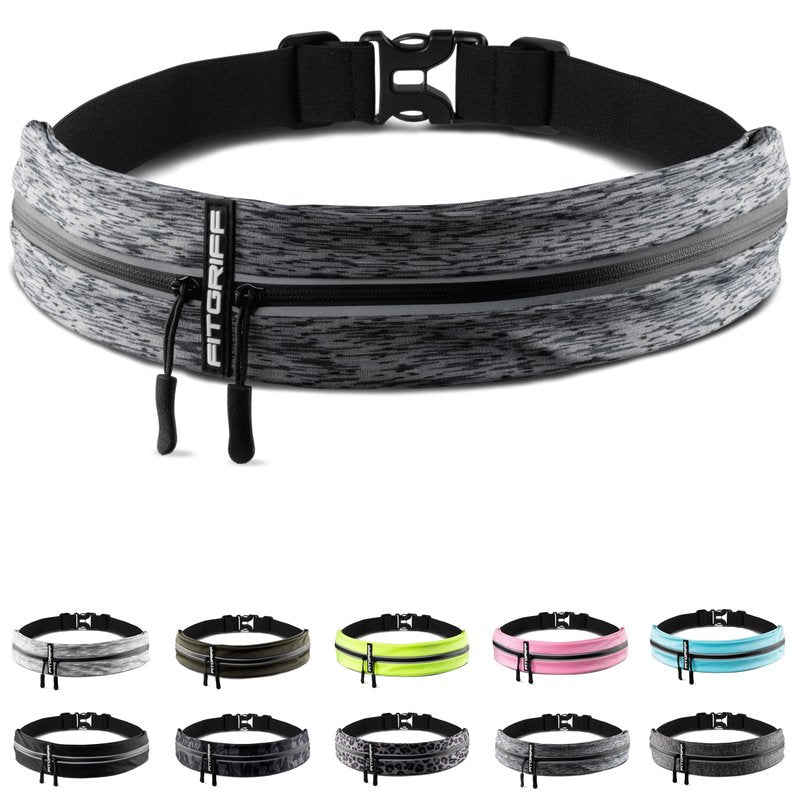 Fitgriff® Running Belt for Men & Women - Secure Jogging Pouch for Phone, Keys & Essentials - For All Cell Phones (Grey 2, 33.5" - 47.5" Waist Size)