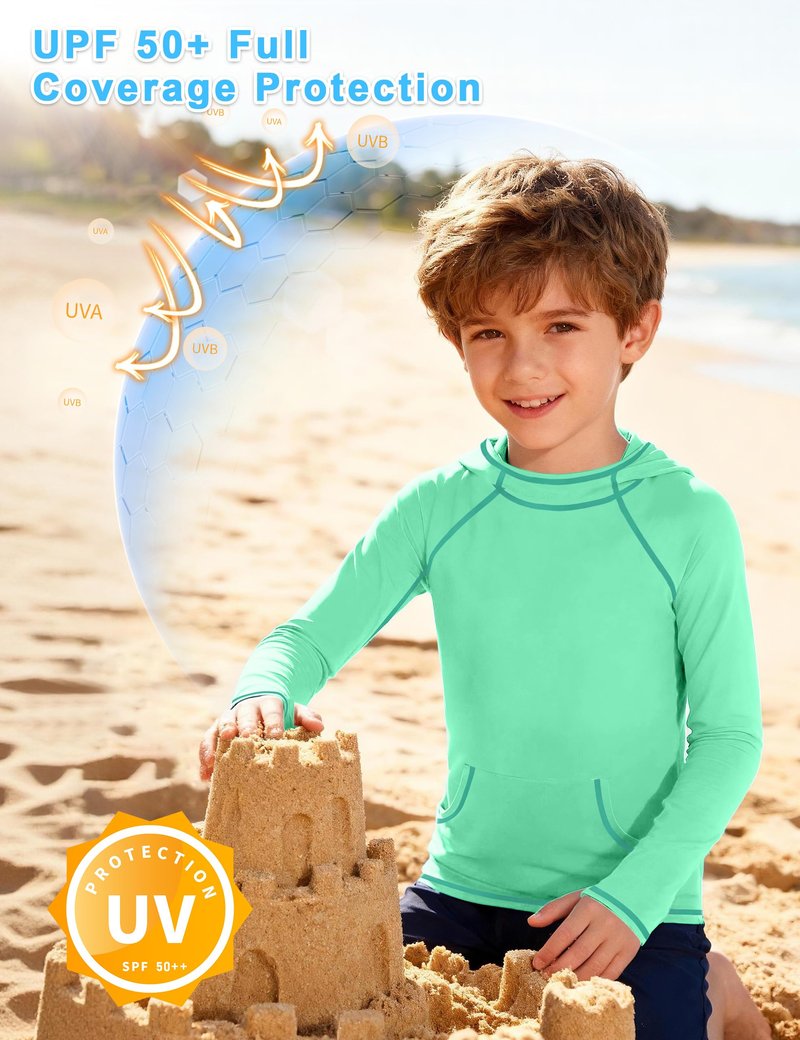 Boys Hooded Long Sleeve Rash Guard Swim Shirt, Youth Kids UPF 50+ Fishing Shirt, Sun Protection Hiking Beach Hoodie