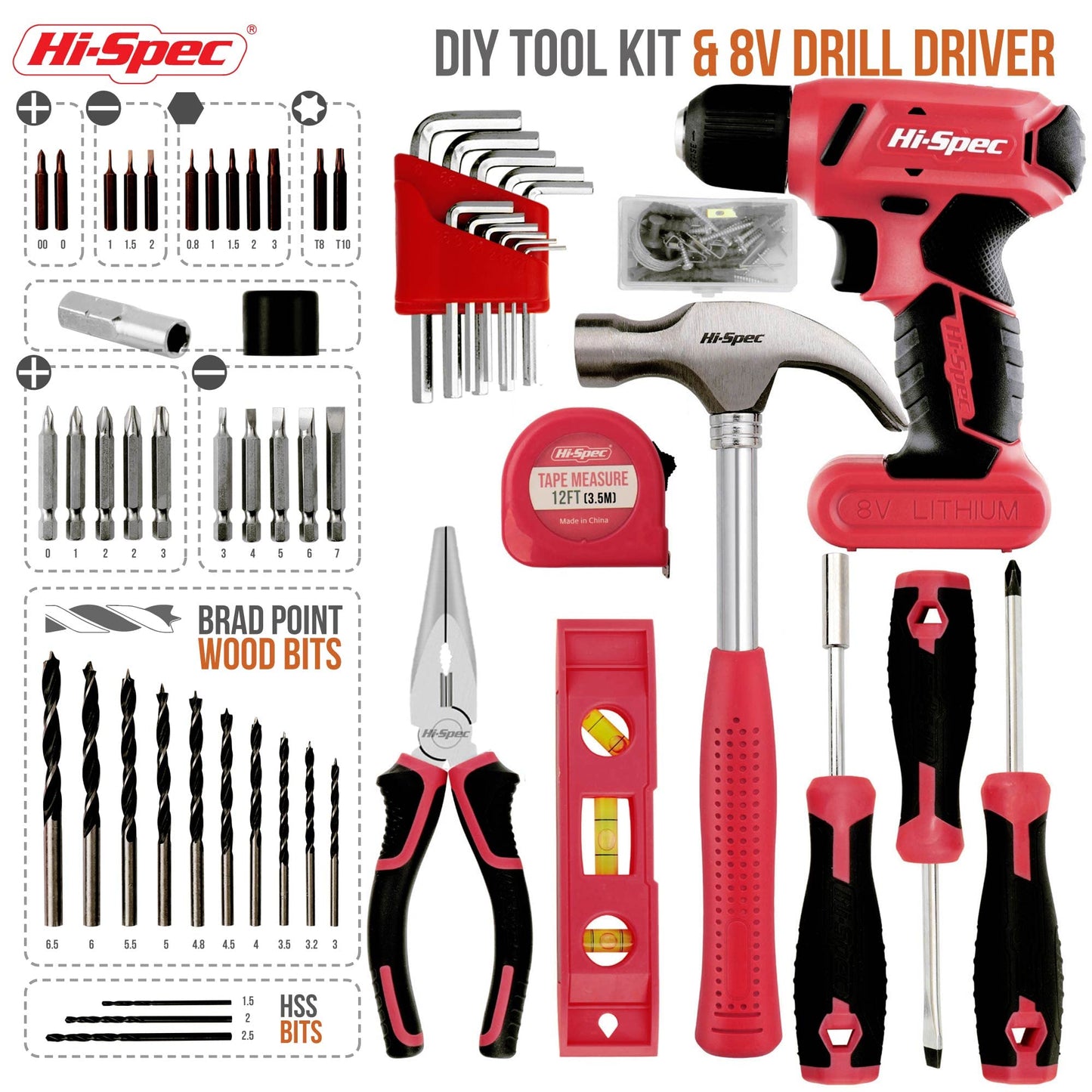 Hi-Spec 57pc Red 8V Electric Drill Set & Household Kit – DIY Hand Tools, Cordless Power Screwdriver, Essential Set with Drill Bits for Home Repairs, Maintenance & Projects