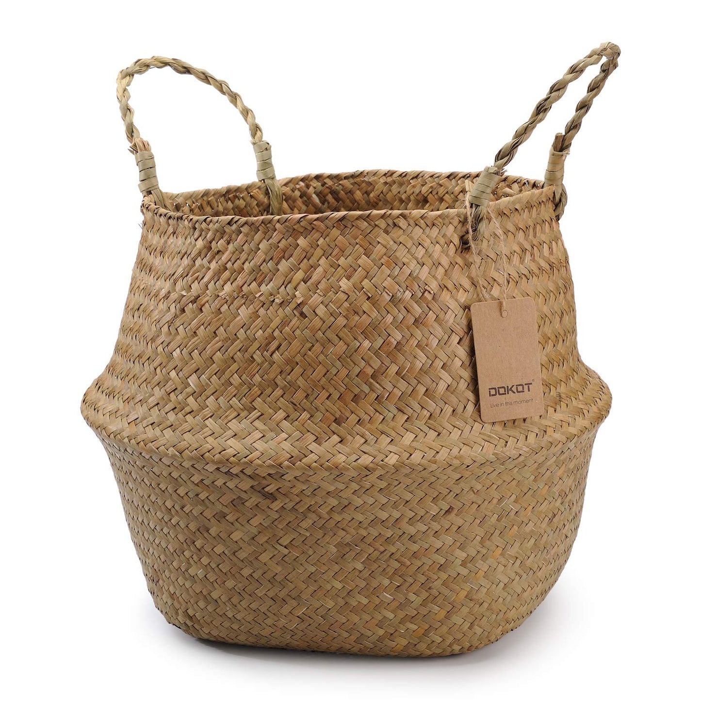 DOKOT Seagrass Plant Basket with Handles, Wicker Woven Storage Basket, 9.5inch Diameter x 11inch Height