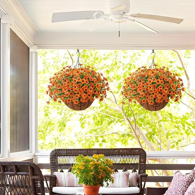 Artificial Faux Hanging Plants Flowers Basket for Fall Outdoor Decoration, Fake Silk Daisy in Planter Realistic UV Resistant Look Real for Porch Home Patio Balcony Yard(Orange)