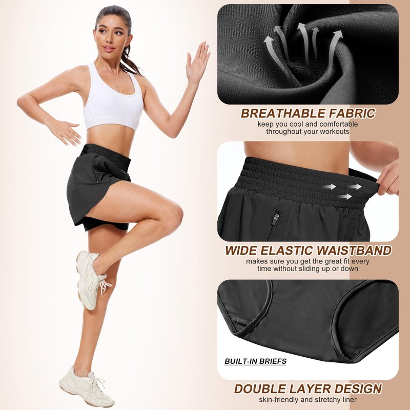 BALENNZ 3 Pack Womens Athletic Shorts with Zipper Pockets Activewear Elastic Waist Workout Gym Running Shorts,Medium