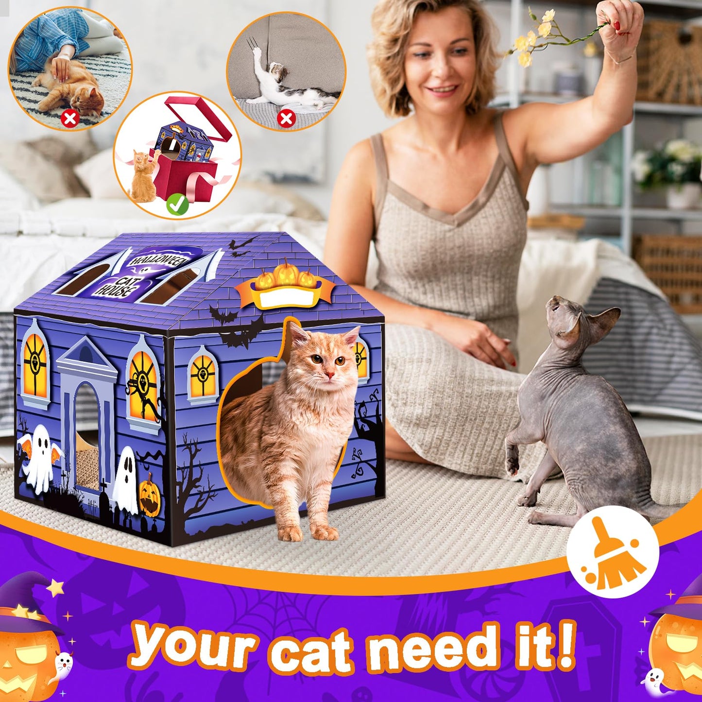 Tailtastic Halloween Cardboard Cat House Playhouse with 2 Scratching Pads & Catnip - Indoor Cat Scratcher Hideaway for Kittens & Cats (14"x14"x13")