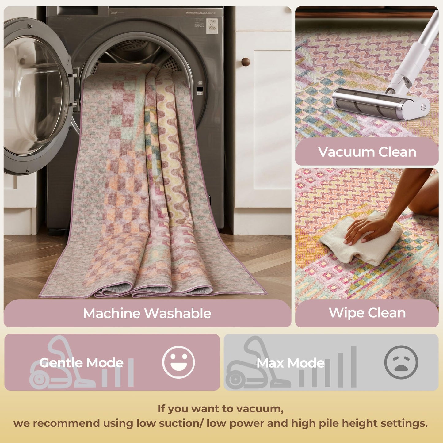 Kokia 9x12 Modern Geometric Washable Area Rug, Non-Slip Stain-Resistant Low Pile Rugs for Girls Bedroom, Living Room, Dining Room, Pink and Purple