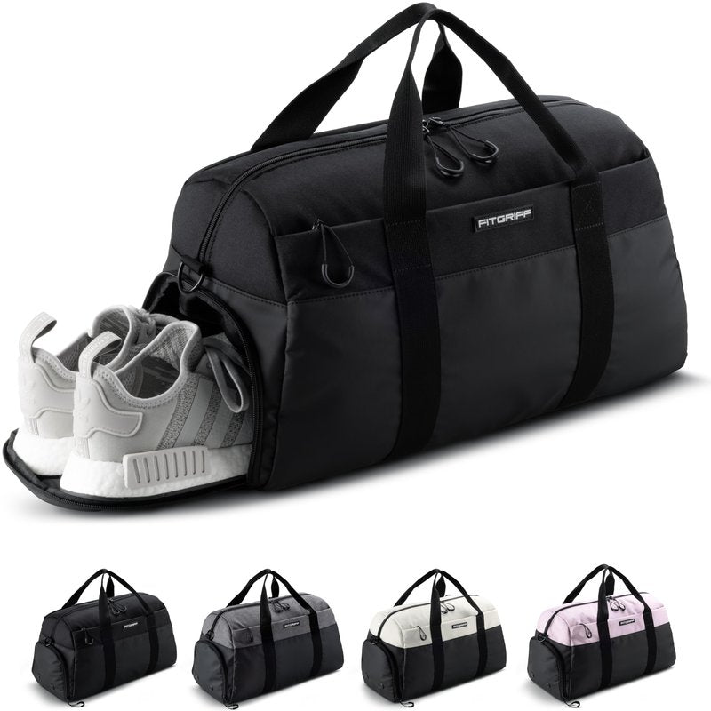Fitgriff® Gym Bag V2 for Men and Women with Shoe & Wet Compartment - Duffle Bag for Travel, Sports, Fitness and Workout (Full Black, 19 x 10 x 11″ (Small))