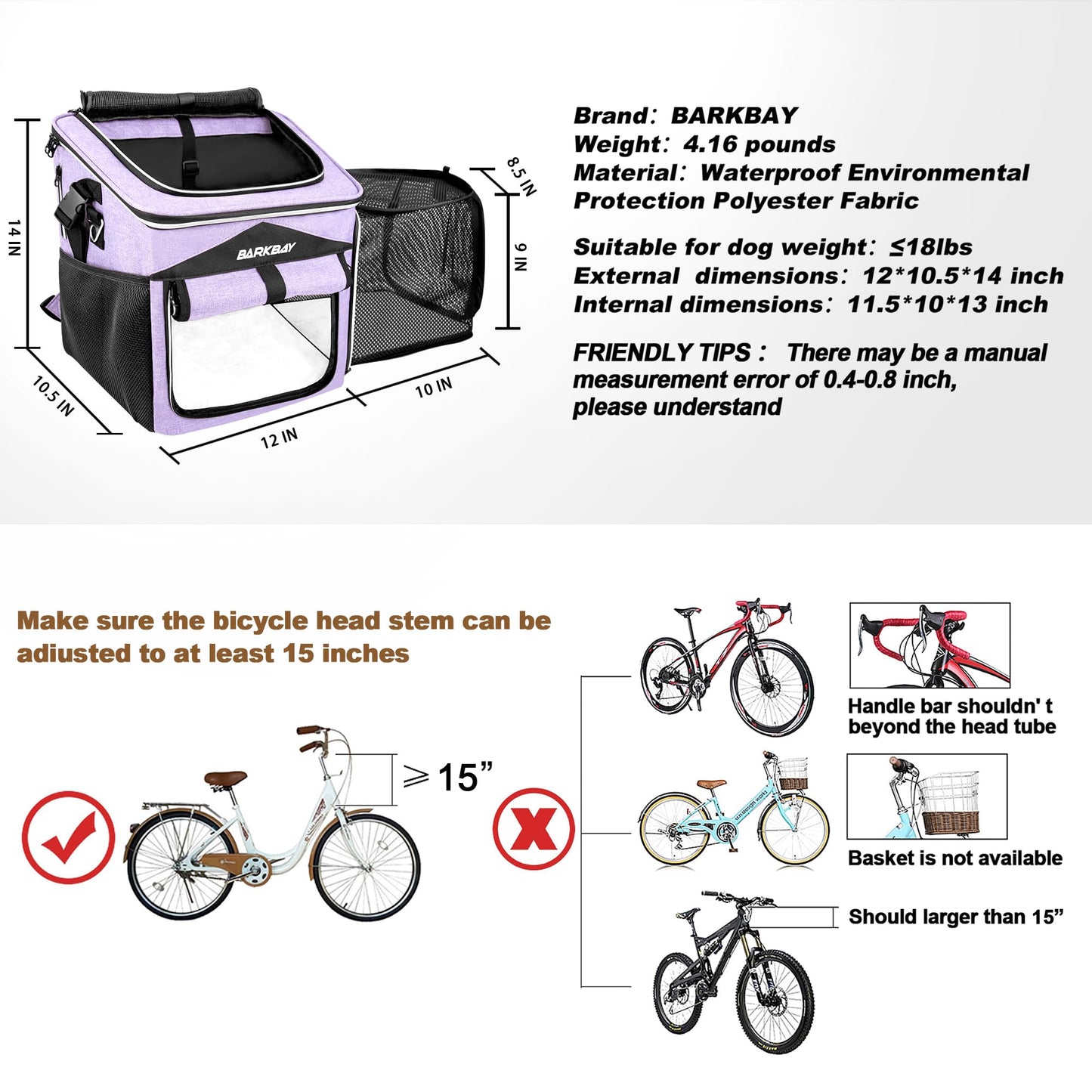BARKBAY Dog Bike Basket Carrier, Expandable Foldable Soft-Sided Dog Carrier, 2 Open Doors, 5 Reflective Tapes, Pet Travel Bag, Safe and Easy for Small Medium Cats and Dogs (Purple)