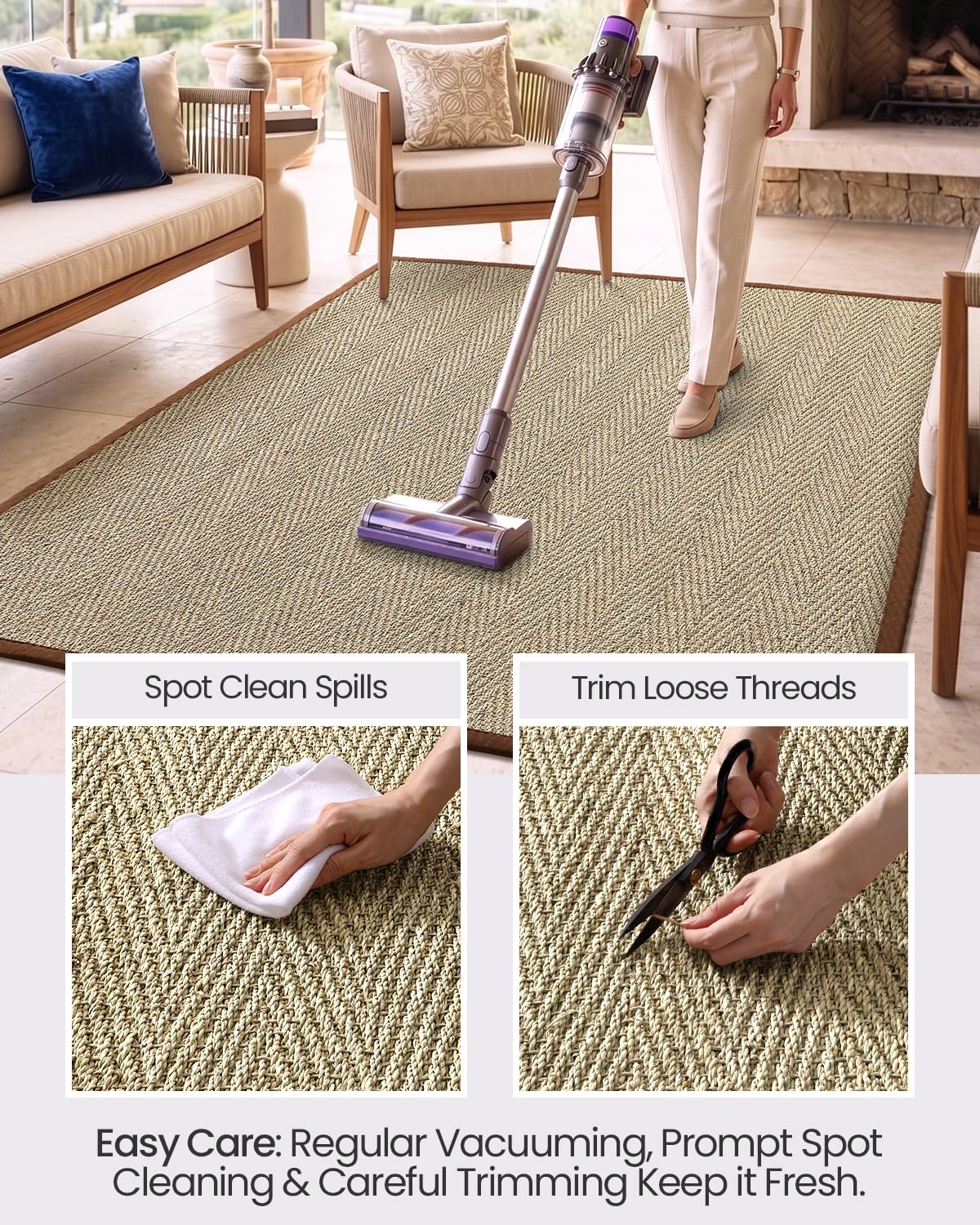 DEXI Area Rug Natural Fiber 4x6, Braided Woven Seagrass Rugs No Shed, Soft Neutral Rustic Carpet Mat for Indoor Entryway Outdoor Patio Dining Living Room Bedroom Farmhouse, Natural