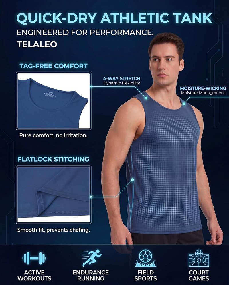 Men's Workout Tank Tops - 5 Pack Sleeveless Mesh Gym Shirts | Quick Dry, Black/Gray/Navy/Blue