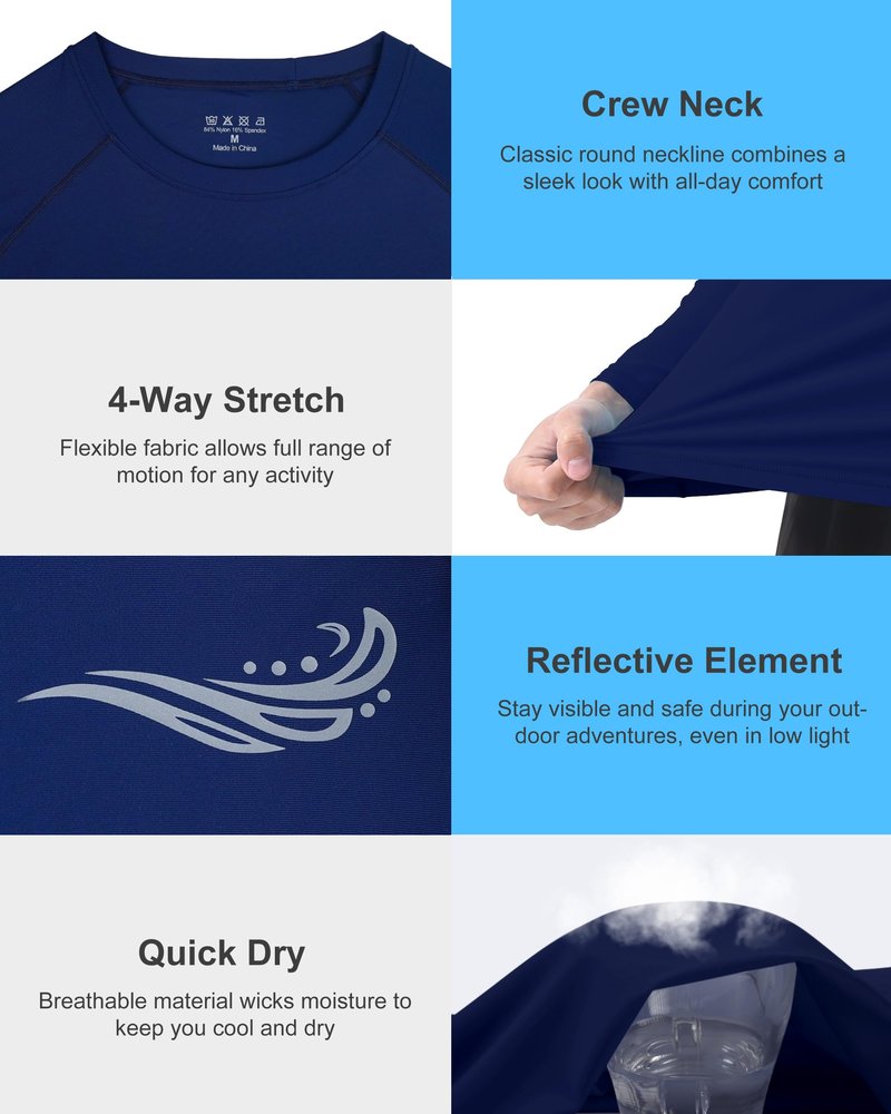 Roadbox Mens UPF 50+ Swim Shirt, Long Sleeve Sun Protection Rash Guard, Slim Fit Fishing Shirts for Beach Surfing Hiking Navy Blue