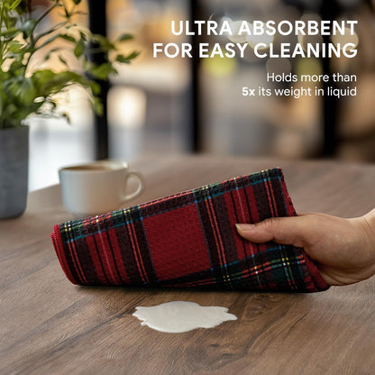 RECYCO Christmas Waffle Kitchen Towel Set of 2 - Quick Dry Microfiber Sustainable Dish Towels - Ultra Absorbent Reusable Cleaning Tea Towels - Lightweight Hand Towels,16”x 28”, Stewart Plaid Red