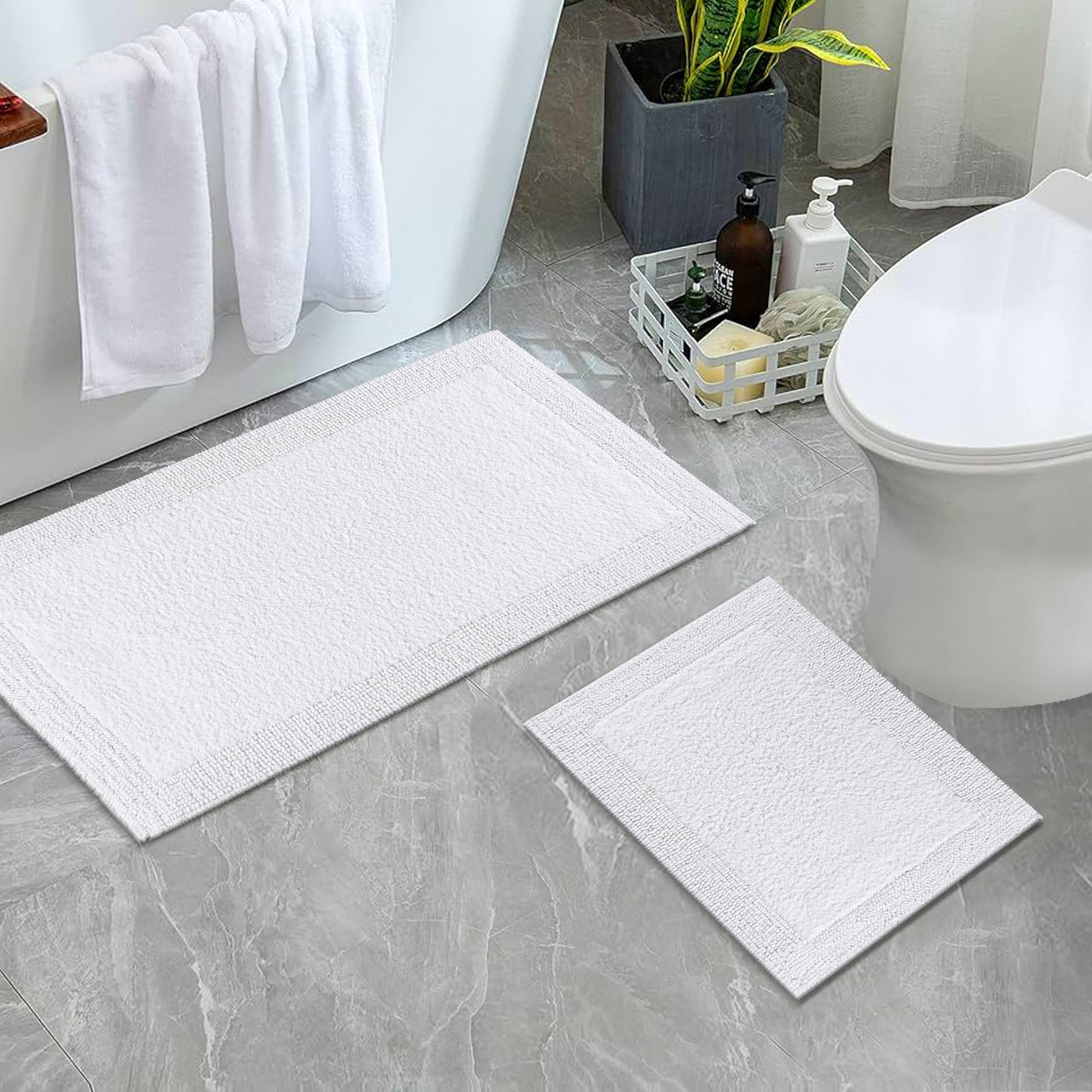 Bedding Craft Cotton Bathroom Mat Set, Reversible Water Absorbent Bath Mat Rug, Machine Washable, 2 Pieces (17x24 + 21x34)
