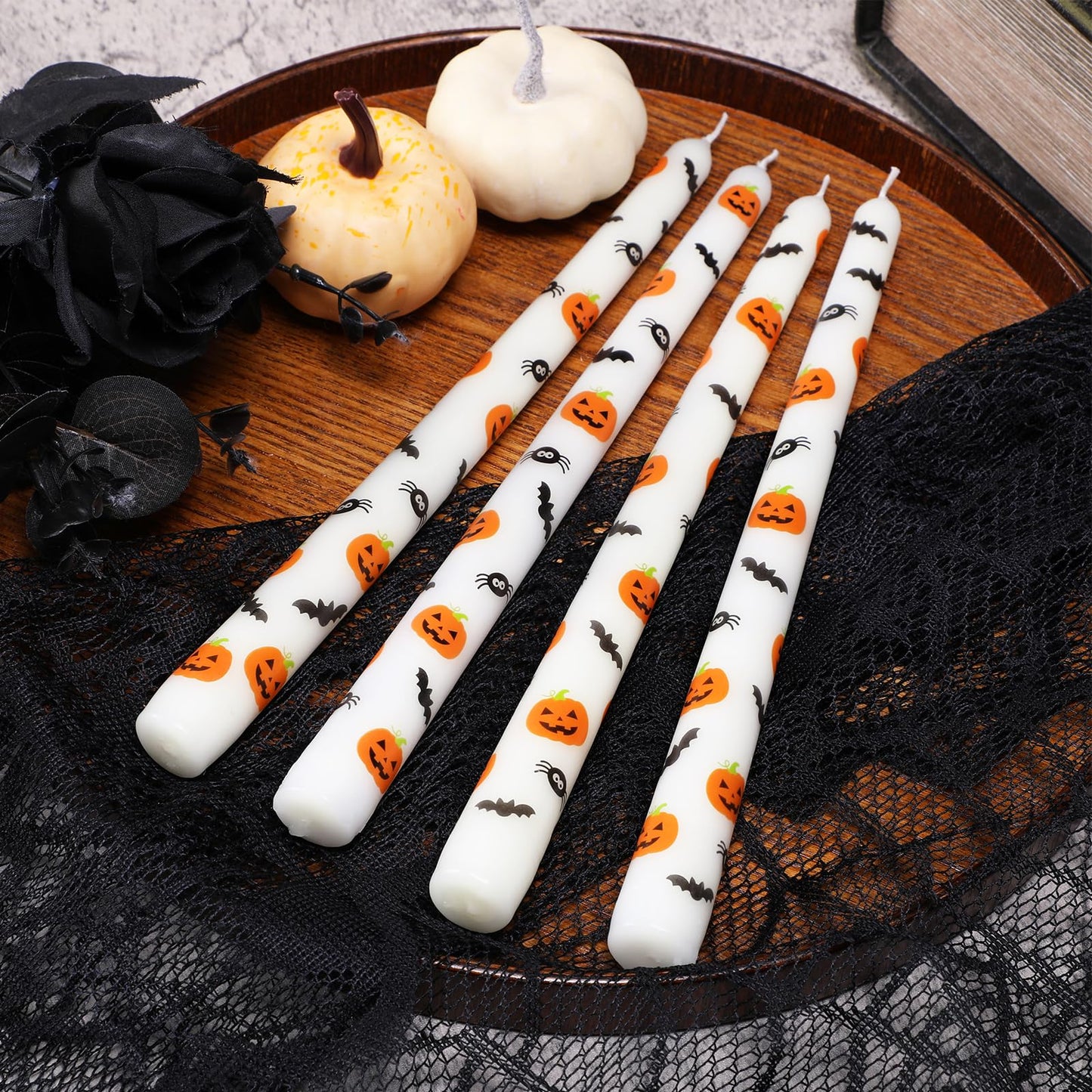 Tuitessine Halloween Taper Candles Decorative 10 Inch Tall Candle Set of 4 Unscented Pumpkin Bat Spider Candlesticks Halloween Dinner Table Decorations Party Decor Spooky Candles Gift