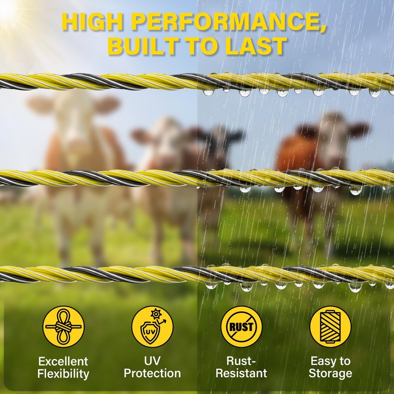 HOKINETY Electric Fence Wire 3366Ft 1026M- 6 Stainless Steel Strands Polywire for Reliable Conductivity - Electric Fence Poly Wire for Portable Livestock Fencing