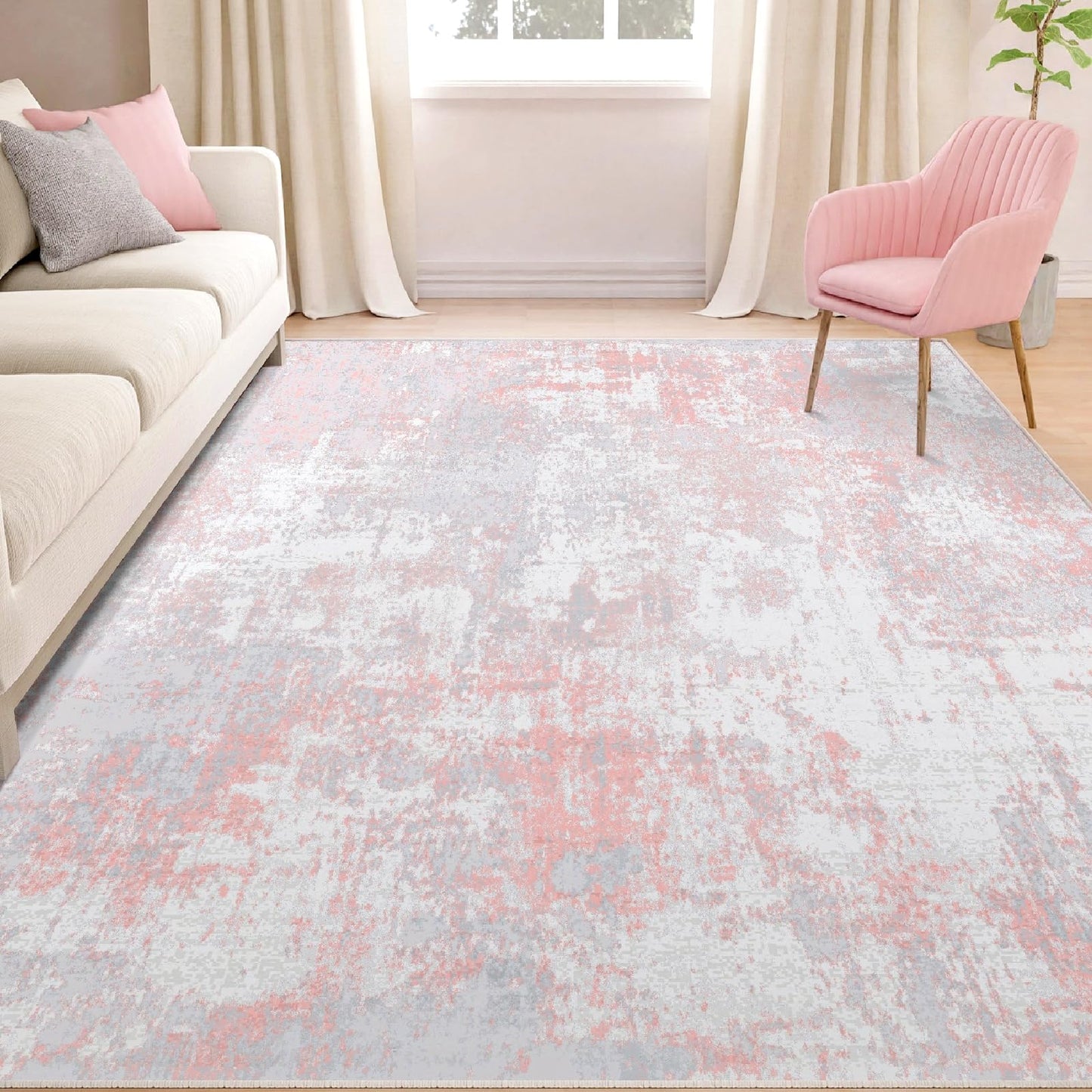 RELEANY Washable Area Rugs 5'x7' Non-Slip Modern Abstract Soft for Living Room Entryway Bedroom Kitchen, Print Pattern, Grey Pink