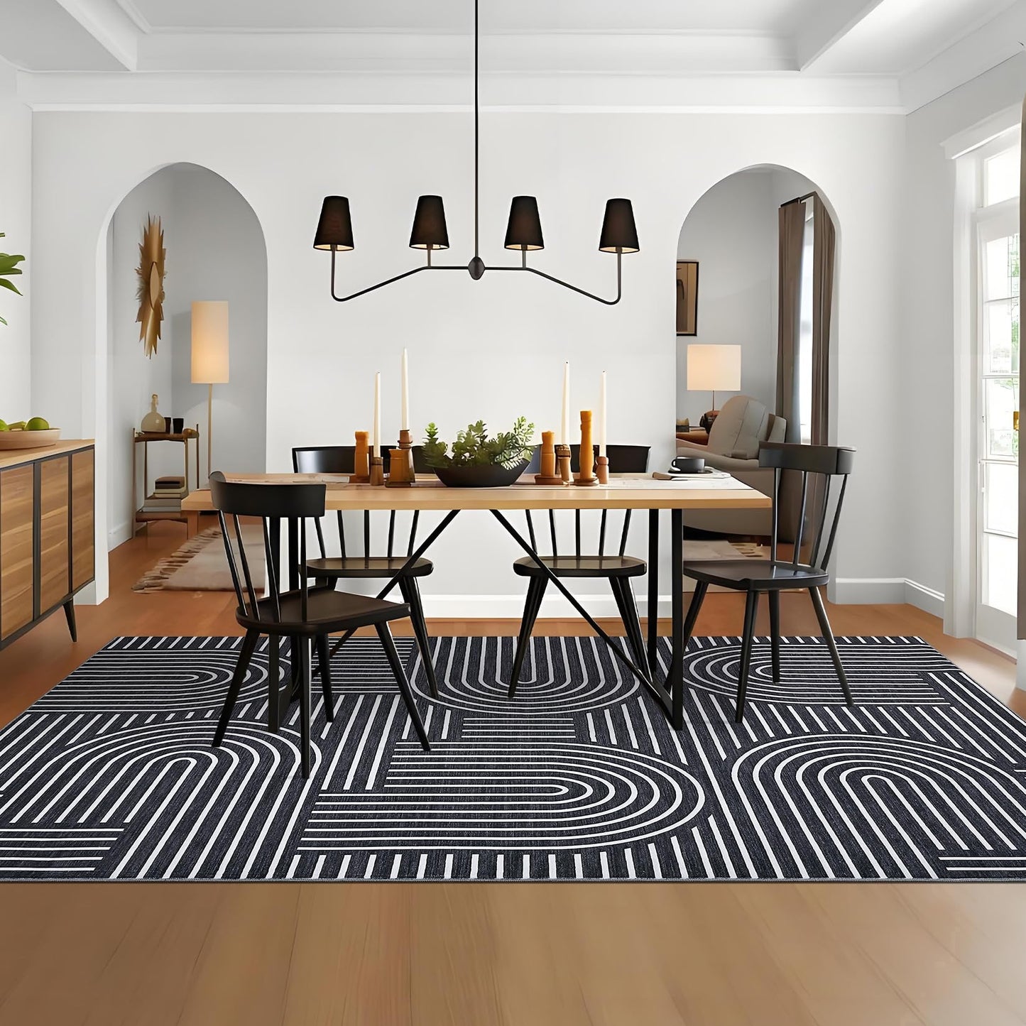 ROYHOME Washable Rug 5x7 Area Rugs for Living Room, Abstract Rug for Bedroom, Soft Rainbow Non Slip Throw Rugs with Rubber Back, Low Pile Stain Resistant Boho Geometric Carpet for Dining Room, Black
