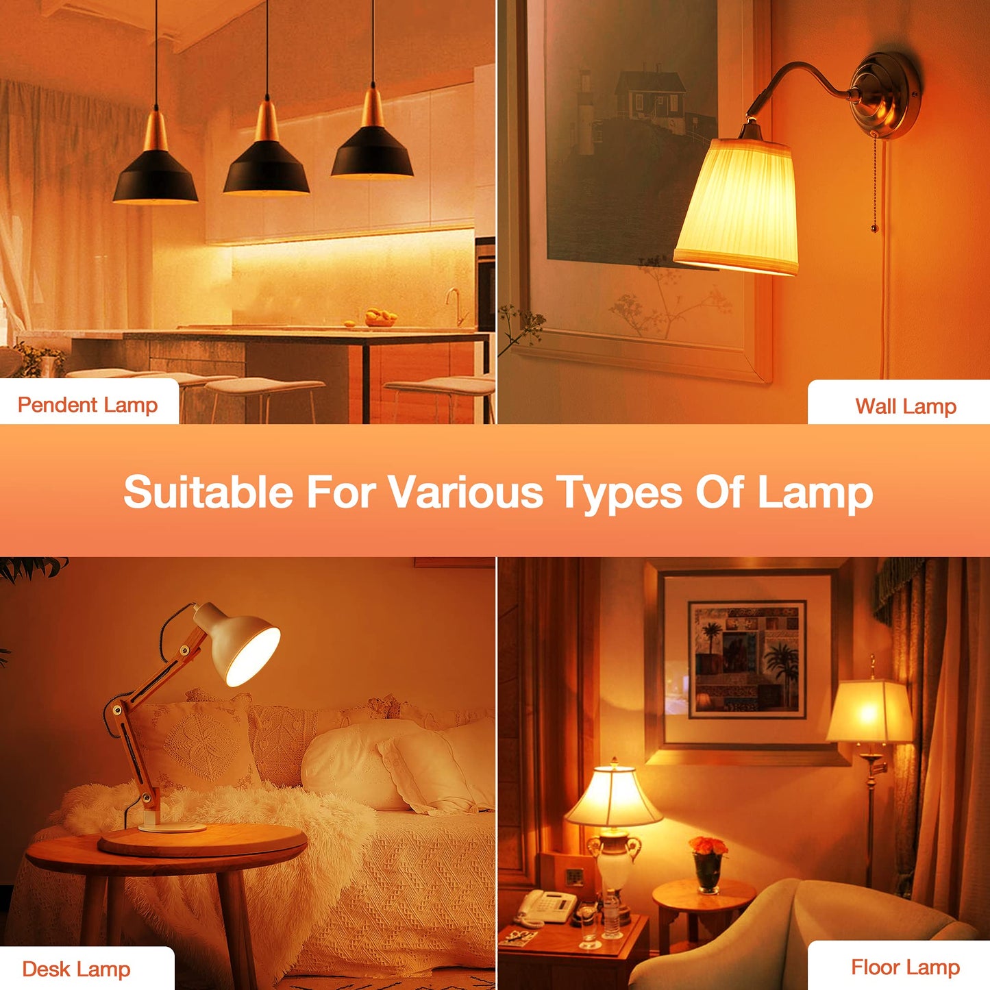 Flaspar Orange Light Bulbs Outdoor, A19 LED Halloween Light 60W Equivalent, 9W E26 Bulb for Porch, Party, Christmas Decor, Not-Dimmable, 4 Pack