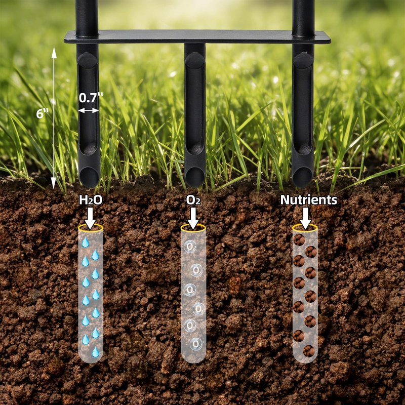 Manual Aerator Lawn Tool – Knee-Friendly Core Aerator for Gardeners with Knee Pain, 3 Hollow Tines for Yard Aeration, Removes Grass Plugs & Loosens Soil to Promote Lawn Health – Black