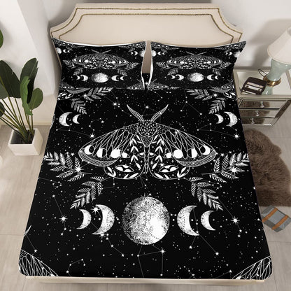 Erosebridal Gothic Moth Sheet Set Twin Size Skeleton Halloween Boho Death Moth Decor Flat Sheet Animal Skeleton Skull Bed Sheet Bohemian Sun and Moon Fitted Sheet with 1 Pillowcase