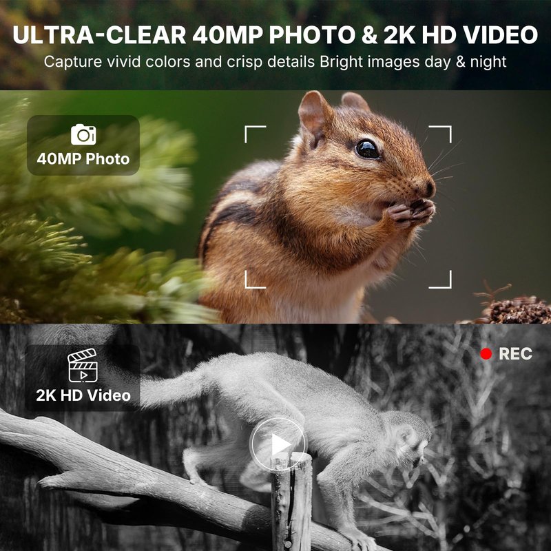 WOSODA Rechargeable Trail Camera (Non-Cellular, Non-WiFi),40MP 2K Game Cam with 2200mAh Lithium Battery,0.2s Trigger Night Vision Motion Activated,IP66 Waterproof 120° Wide Lens Wildlife Camera