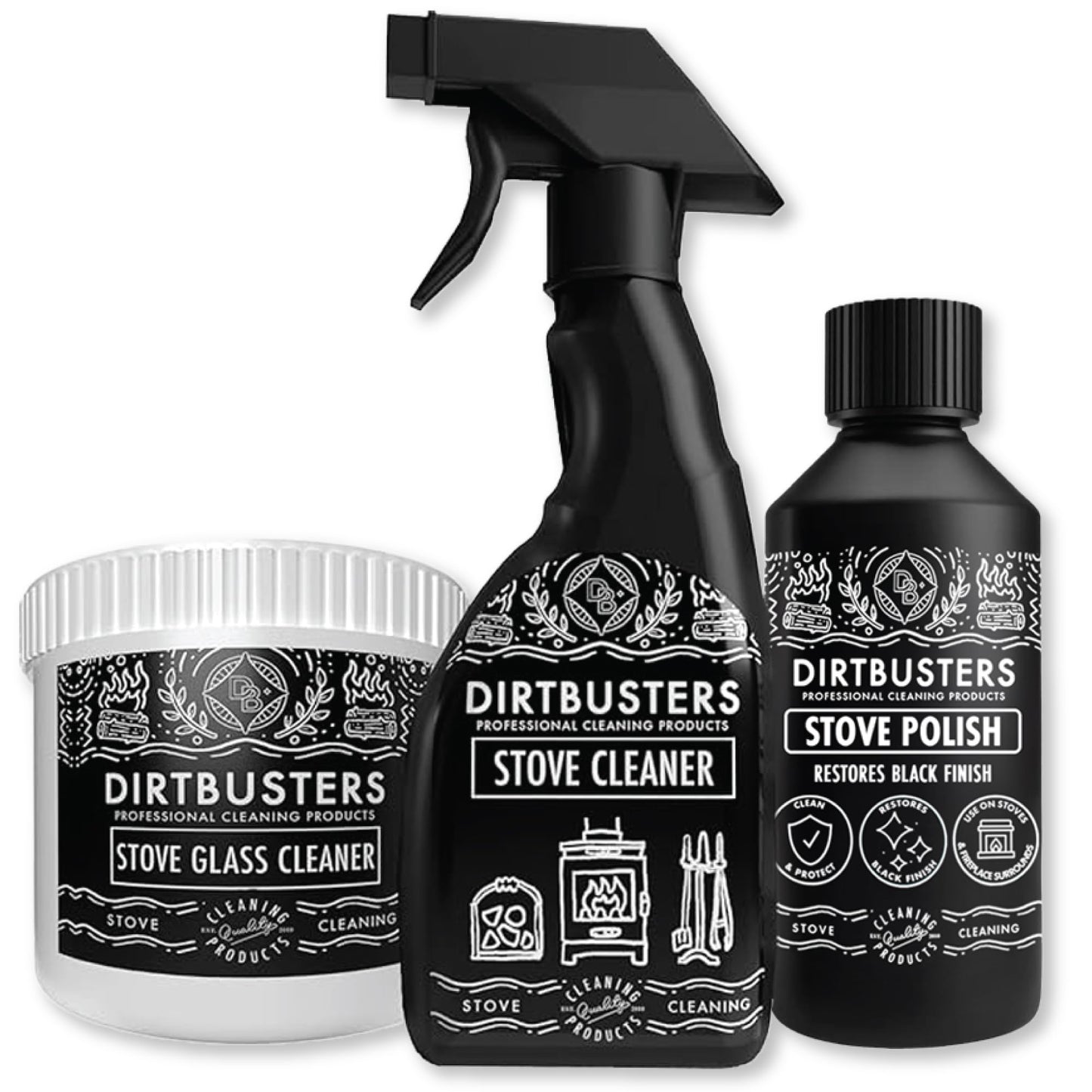 Dirtbusters Stove Cleaning Care Kit, With Exterior Spray, Glass Cleaner Paste & Stove Polish, Clean, Protect & Restore Log Burners & Grates