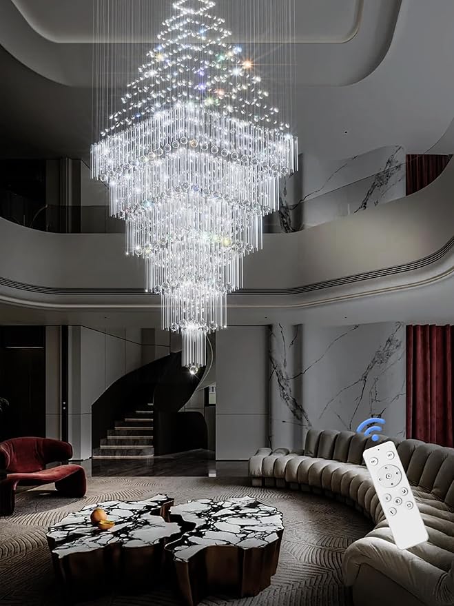 Flashing God D48''X H120'' Extra Large Chandeliers for High Ceilings Black Square Chandeliers Crystal Raindrop Chandelier for Villa Entrance Foyer LED Dimmable 2700K-6000K