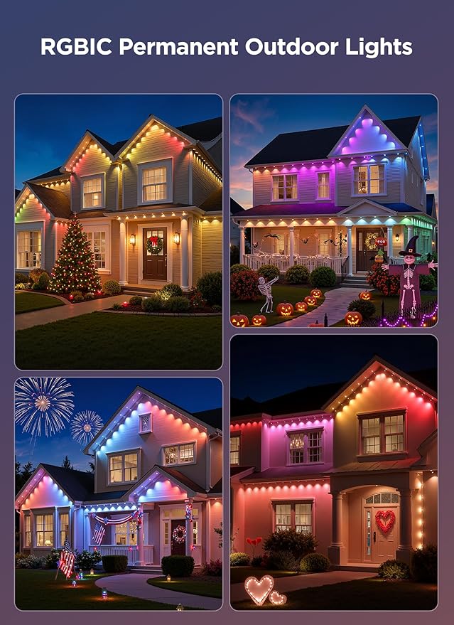 Permanent Outdoor Lights, 50FT with 32 Smart RGBIC LED Lights, DIY Scene Mode, IP68 Waterproof Christmas Lights for Daily and Accent Lighting, Outdoor Decor, House Roof, Holiday Decorations