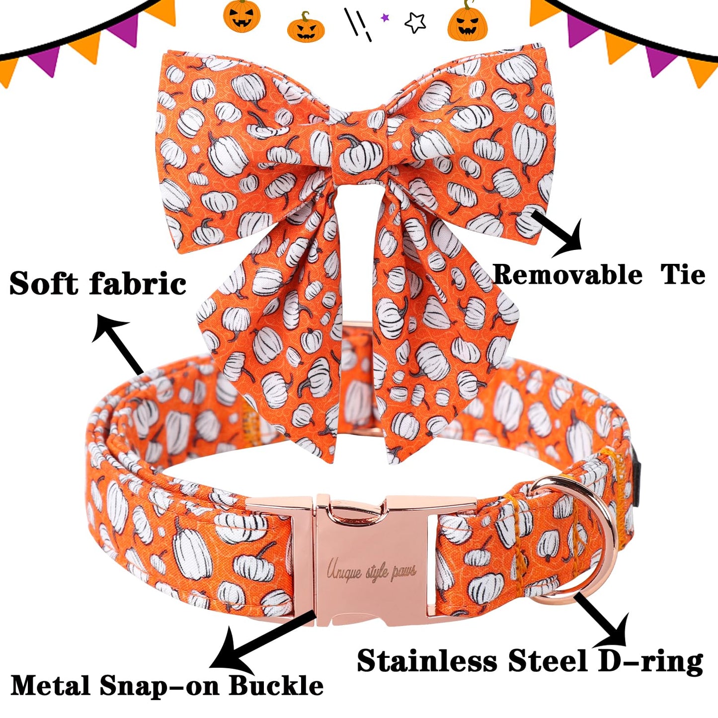 Unique Style Paws Halloween Day Dog Collar with Bowtie Line Pumpkin Cotton Dog Collars for Small Medium Large Dogs