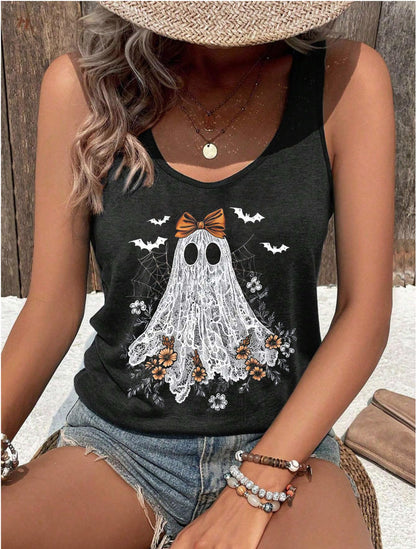 Spooky Season Shirts for Women Halloween Cute Graphic Tank Tops Ghost Tees Teen Girls Halloween Spooky Basic Outfit Tops(Spooky Grey,X-Large)