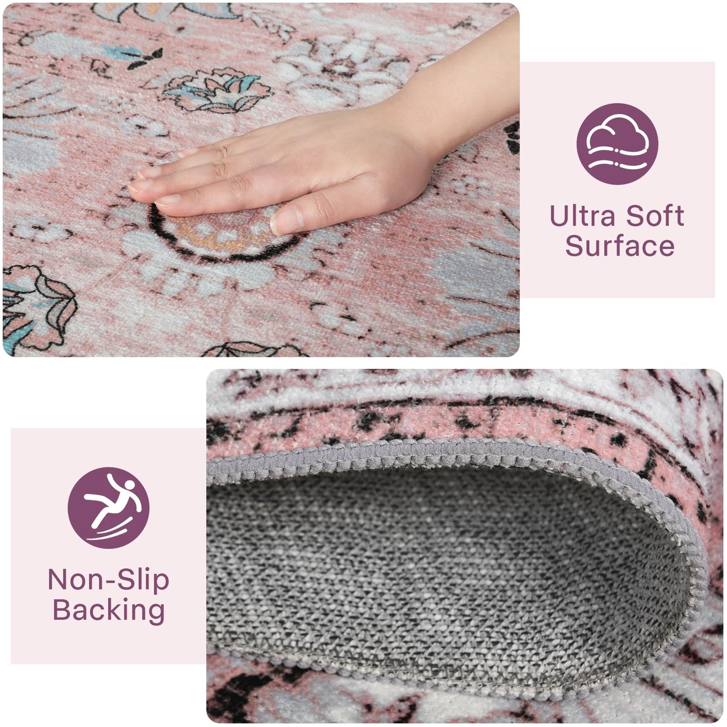Runner Rug for Kitchen Hallway 2x6 Washable Non-Slip, Soft Boho Floral Carpet Low Pile Vintage Long Kitchen, Bedroom, Laundry, Bathroom, Living Room Rugs (Pink)