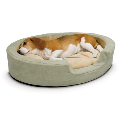 K&H Pet Products Heated Dog Bed Indoor, Thermo-Snuggly Sleeper with Removable Waterproof Heated Pad, Calming Pillow Pet Bed, Machine Washable, Safety Listed - Medium 26 X 20in Sage/Tan