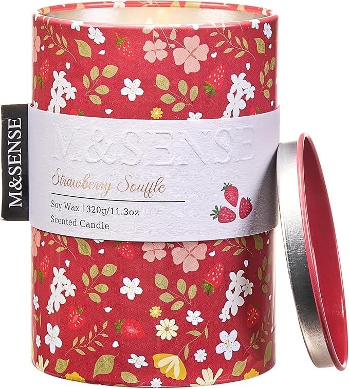 M&SENSE Strawberry Souffle Scented Candle, Medium Jar Candle 11.3oz Natural Soy Wax for Home Scented, Floral Candles Gift for Spring Holiday, Up to 70 Hours Burning Long-Lasting Fragrance