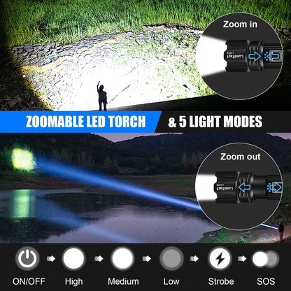 Torches LED Super Bright Rechargeable - 500000 Lumens Powerful Torch XHP70.2 Tactical Flashlight with Holster, 5 Modes & Zoomable Flash Light IP67 Waterproof for Camping Hiking Emergency Dog Walking
