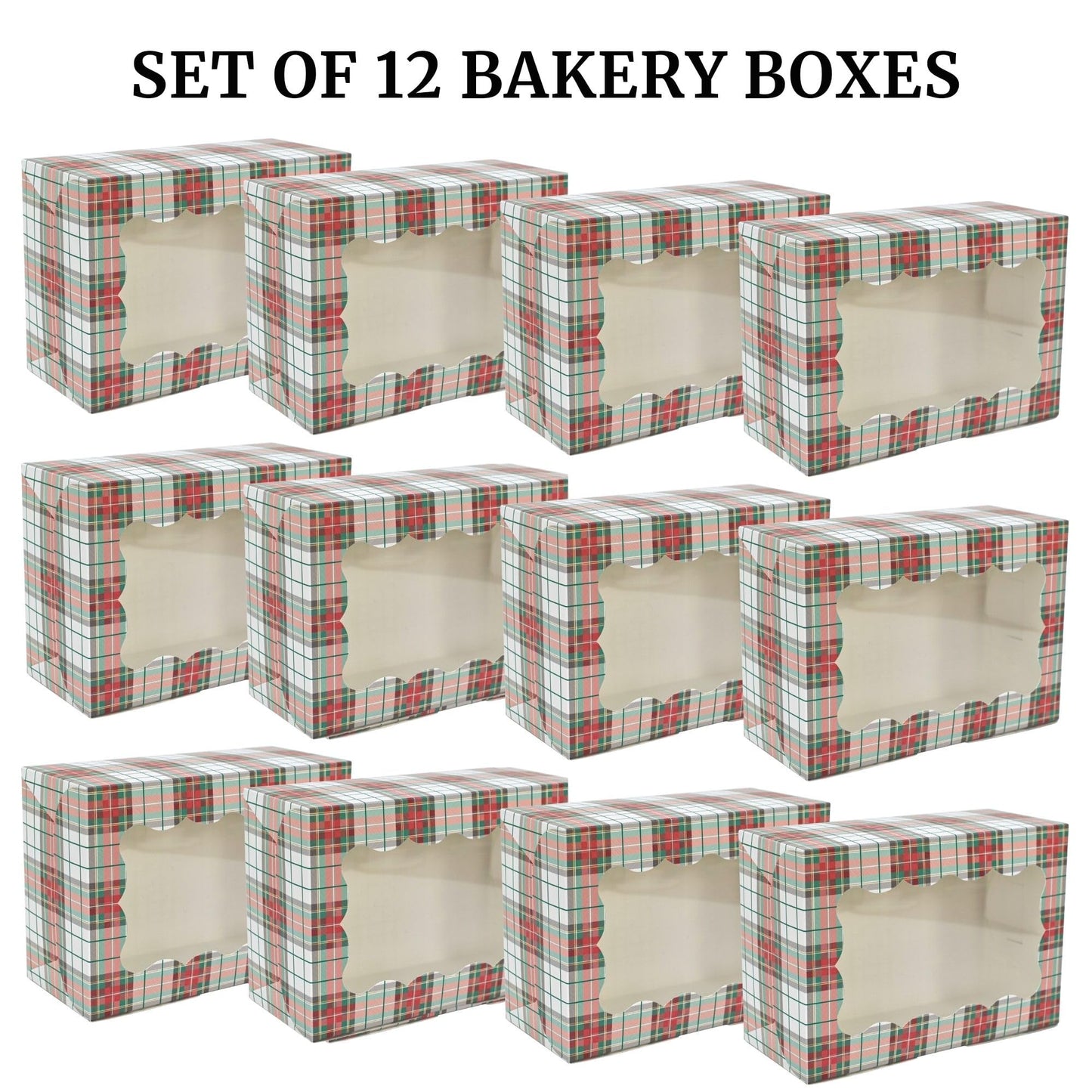 Christmas Cookie Boxes - 12 Pack - White & Red Tartan Plaid Bakery Gift Box with Window - Perfect for Pastries, Cupcakes, Macarons, Candy, & Treats - LG Size Easily Fits a Dozen Cookies - 12 pcs