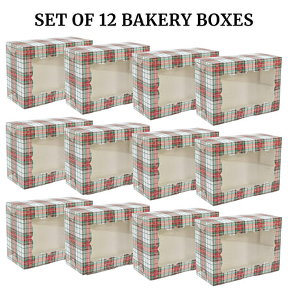 Christmas Cookie Boxes - 12 Pack - White & Red Tartan Plaid Bakery Gift Box with Window - Perfect for Pastries, Cupcakes, Macarons, Candy, & Treats - LG Size Easily Fits a Dozen Cookies - 12 pcs