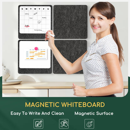 DOLLAR BOSS Felt Bulletin Board & Magnetic Whiteboard Calendar Combo 4 Pcs 12" X 12" Cork Board Dry Erase Board for Wall Frameless Combination Board with Pins Wall Decor for Home School Office